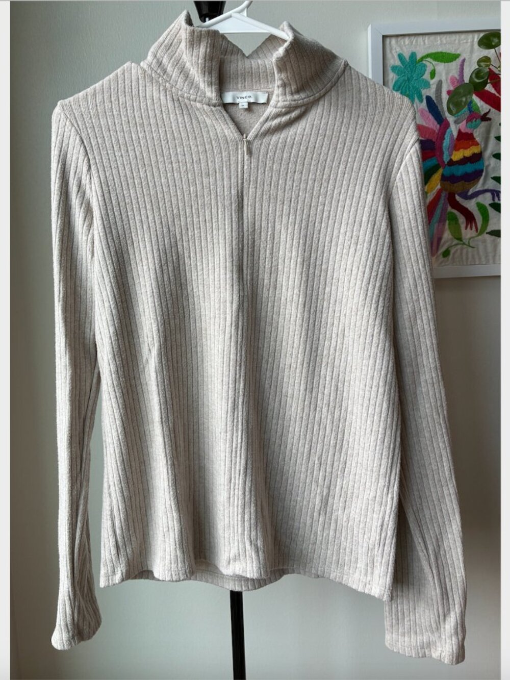 Vince Ribbed Half Zip Turtleneck in Heather Dark Ivory - Size M - Picture 5 of 14